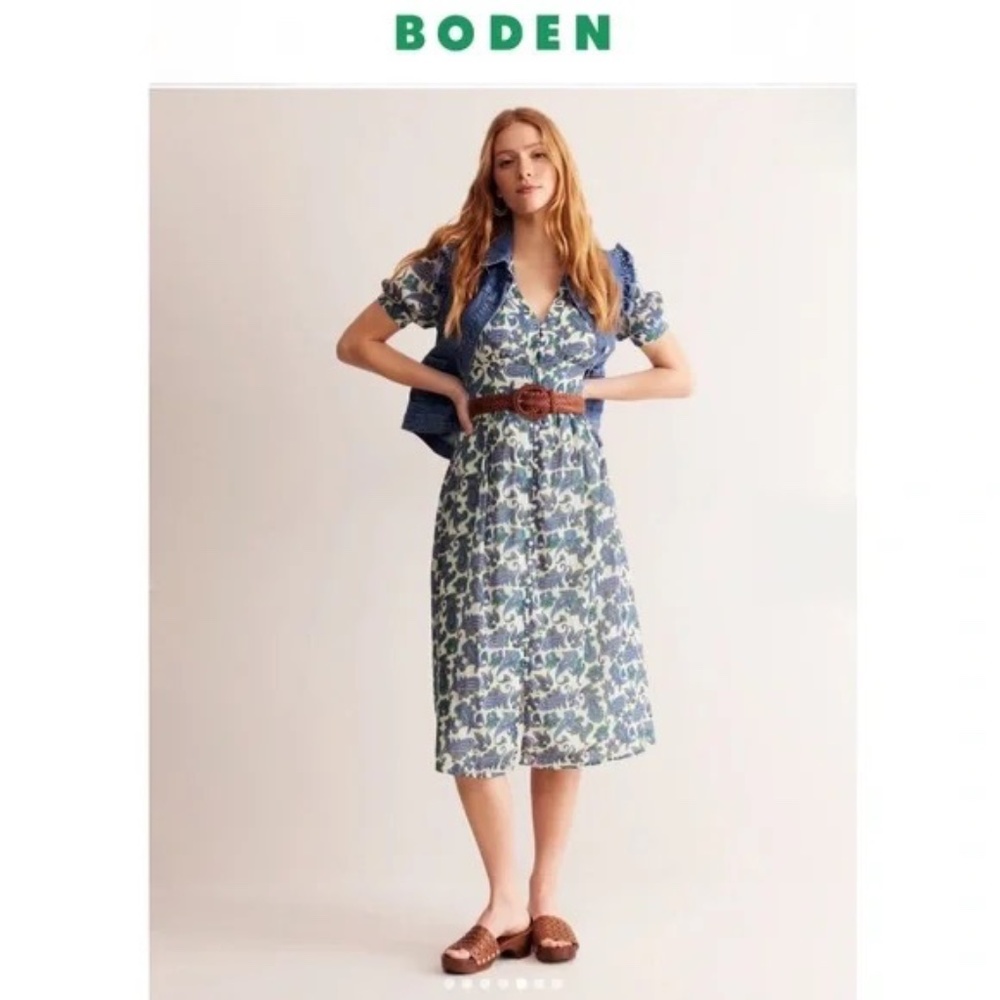 Boden Elsa Crinkle Midi Tea Dress Surf the Web Paisley Wave Pockets US 10